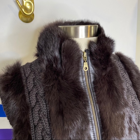 Lord & Taylor leather rabbit fur cable knit vest - Picture 2 of 5